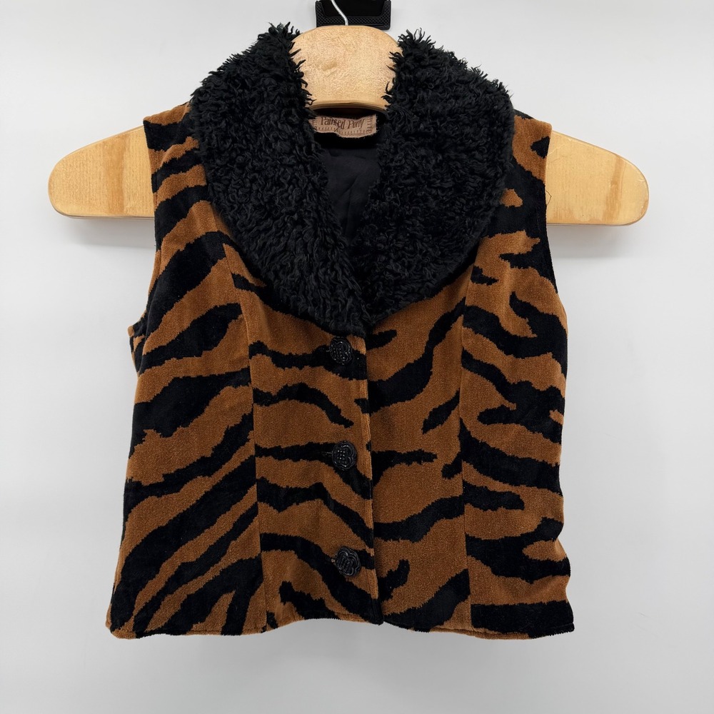 Painted Pony Vintage Tiger Print Faux Fur Collar Vest Women‎ Medium Brown Button